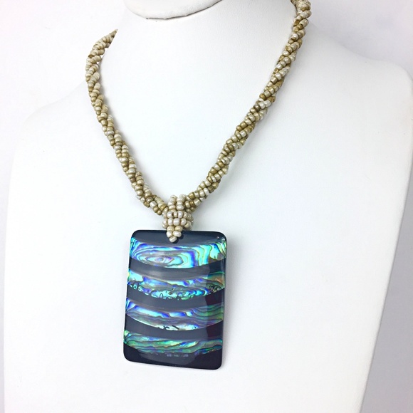 Braided Multi-Strand Seed Bead and Abalone Shell Pendant Necklace - Picture 3 of 8